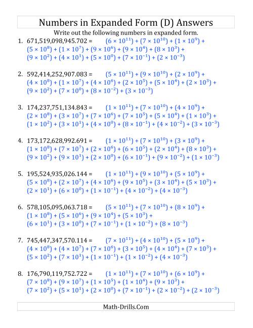 The Convert from Standard to Expanded Form (12 digits before decimal; 3 digits after) (D) Math Worksheet Page 2