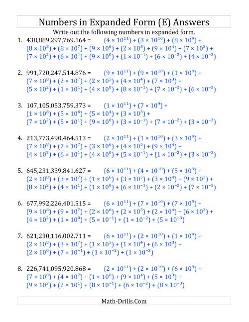 The Convert from Standard to Expanded Form (12 digits before decimal; 3 digits after) (E) Math Worksheet Page 2