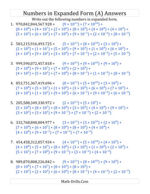 The Convert from Standard to Expanded Form (12 digits before decimal; 3 digits after) (All) Math Worksheet Page 2