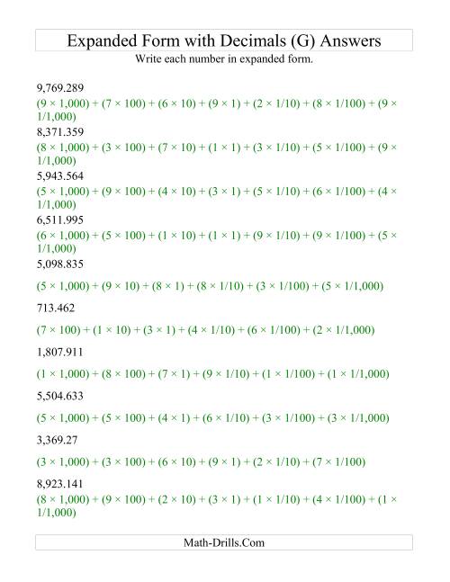 The Convert from Standard to Expanded From (4 digits before decimal; 3 digits after) (G) Math Worksheet Page 2