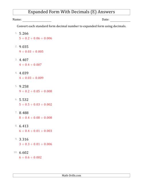 The Converting Standard Form Decimals to Expanded Form Using Decimals (1-Digit Before the Decimal; 3-Digits After the Decimal) (E) Math Worksheet Page 2