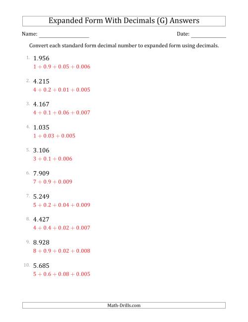 The Converting Standard Form Decimals to Expanded Form Using Decimals (1-Digit Before the Decimal; 3-Digits After the Decimal) (G) Math Worksheet Page 2