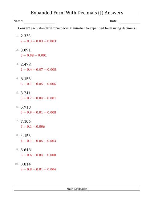 The Converting Standard Form Decimals to Expanded Form Using Decimals (1-Digit Before the Decimal; 3-Digits After the Decimal) (J) Math Worksheet Page 2