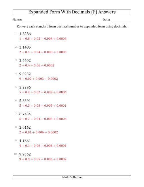 The Converting Standard Form Decimals to Expanded Form Using Decimals (1-Digit Before the Decimal; 4-Digits After the Decimal) (F) Math Worksheet Page 2
