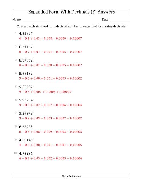 The Converting Standard Form Decimals to Expanded Form Using Decimals (1-Digit Before the Decimal; 5-Digits After the Decimal) (F) Math Worksheet Page 2