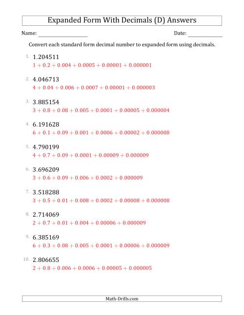 The Converting Standard Form Decimals to Expanded Form Using Decimals (1-Digit Before the Decimal; 6-Digits After the Decimal) (D) Math Worksheet Page 2
