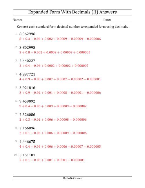 The Converting Standard Form Decimals to Expanded Form Using Decimals (1-Digit Before the Decimal; 6-Digits After the Decimal) (H) Math Worksheet Page 2