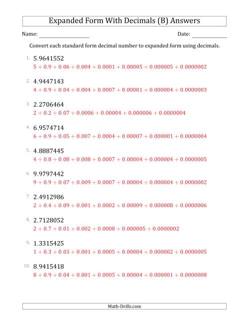 The Converting Standard Form Decimals to Expanded Form Using Decimals (1-Digit Before the Decimal; 7-Digits After the Decimal) (B) Math Worksheet Page 2
