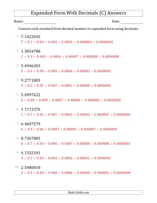 The Converting Standard Form Decimals to Expanded Form Using Decimals (1-Digit Before the Decimal; 7-Digits After the Decimal) (C) Math Worksheet Page 2