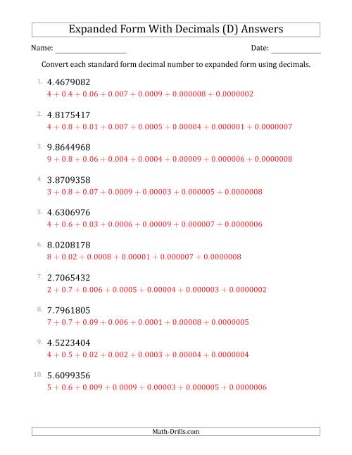The Converting Standard Form Decimals to Expanded Form Using Decimals (1-Digit Before the Decimal; 7-Digits After the Decimal) (D) Math Worksheet Page 2