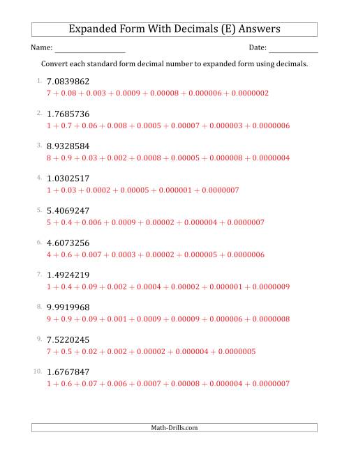 The Converting Standard Form Decimals to Expanded Form Using Decimals (1-Digit Before the Decimal; 7-Digits After the Decimal) (E) Math Worksheet Page 2