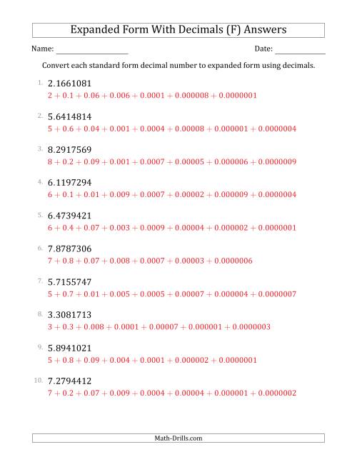 The Converting Standard Form Decimals to Expanded Form Using Decimals (1-Digit Before the Decimal; 7-Digits After the Decimal) (F) Math Worksheet Page 2