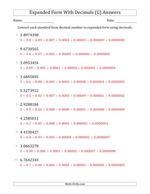 The Converting Standard Form Decimals to Expanded Form Using Decimals (1-Digit Before the Decimal; 7-Digits After the Decimal) (G) Math Worksheet Page 2