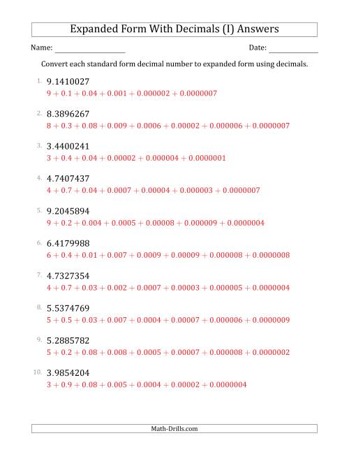 The Converting Standard Form Decimals to Expanded Form Using Decimals (1-Digit Before the Decimal; 7-Digits After the Decimal) (I) Math Worksheet Page 2