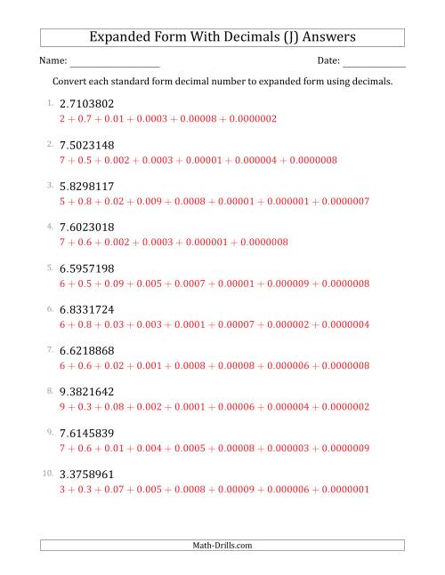 The Converting Standard Form Decimals to Expanded Form Using Decimals (1-Digit Before the Decimal; 7-Digits After the Decimal) (J) Math Worksheet Page 2