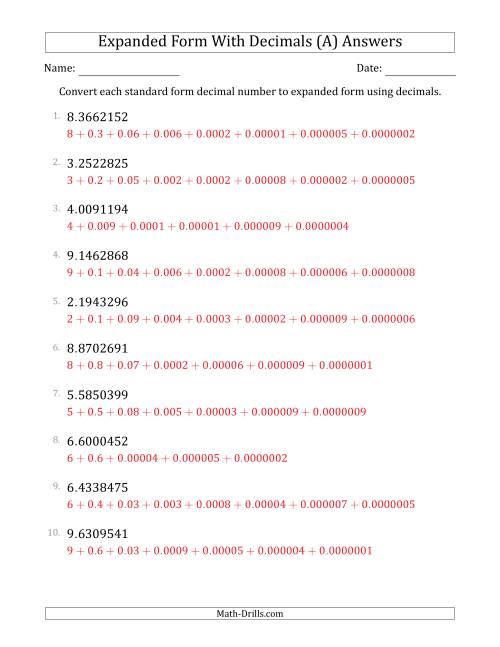 The Converting Standard Form Decimals to Expanded Form Using Decimals (1-Digit Before the Decimal; 7-Digits After the Decimal) (All) Math Worksheet Page 2