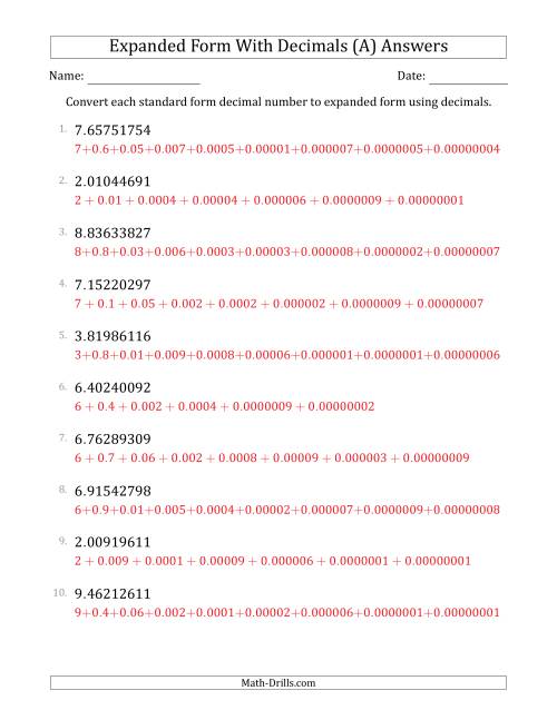 The Converting Standard Form Decimals to Expanded Form Using Decimals (1-Digit Before the Decimal; 8-Digits After the Decimal) (A) Math Worksheet Page 2