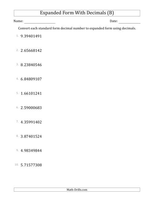 The Converting Standard Form Decimals to Expanded Form Using Decimals (1-Digit Before the Decimal; 8-Digits After the Decimal) (B) Math Worksheet