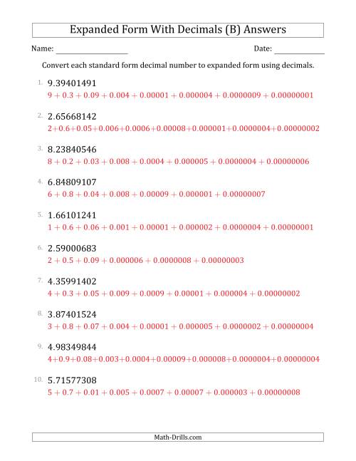The Converting Standard Form Decimals to Expanded Form Using Decimals (1-Digit Before the Decimal; 8-Digits After the Decimal) (B) Math Worksheet Page 2