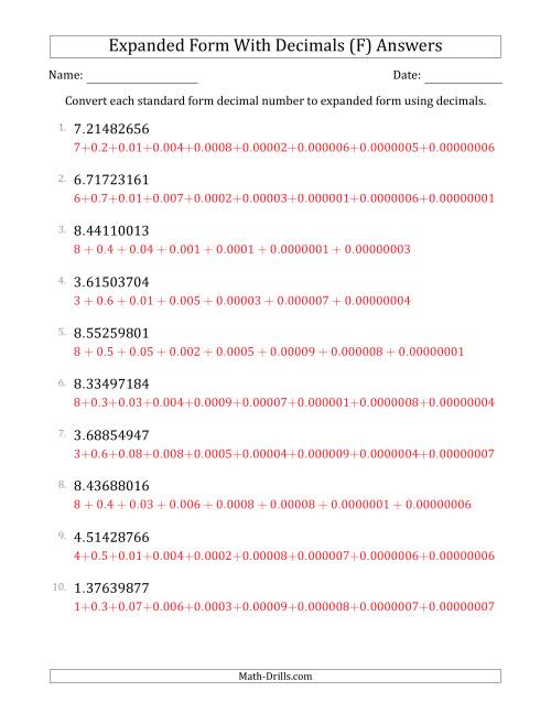The Converting Standard Form Decimals to Expanded Form Using Decimals (1-Digit Before the Decimal; 8-Digits After the Decimal) (F) Math Worksheet Page 2