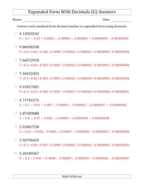 The Converting Standard Form Decimals to Expanded Form Using Decimals (1-Digit Before the Decimal; 8-Digits After the Decimal) (G) Math Worksheet Page 2