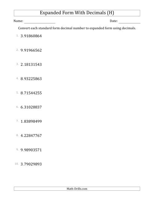The Converting Standard Form Decimals to Expanded Form Using Decimals (1-Digit Before the Decimal; 8-Digits After the Decimal) (H) Math Worksheet