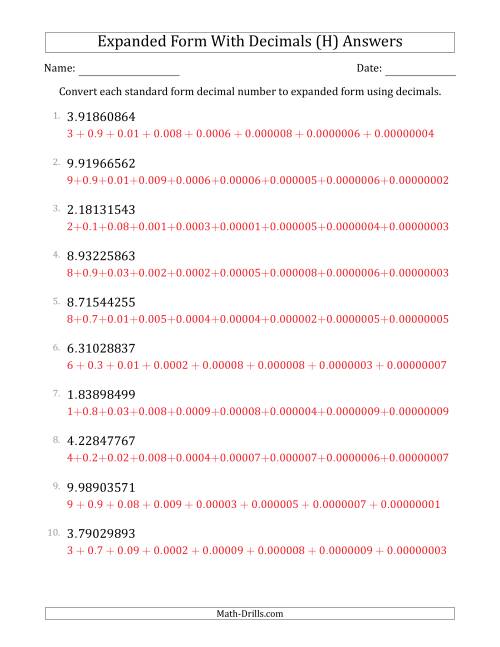 The Converting Standard Form Decimals to Expanded Form Using Decimals (1-Digit Before the Decimal; 8-Digits After the Decimal) (H) Math Worksheet Page 2