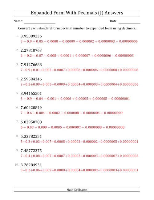 The Converting Standard Form Decimals to Expanded Form Using Decimals (1-Digit Before the Decimal; 8-Digits After the Decimal) (J) Math Worksheet Page 2