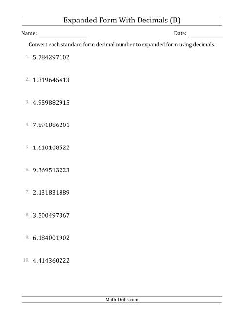 The Converting Standard Form Decimals to Expanded Form Using Decimals (1-Digit Before the Decimal; 9-Digits After the Decimal) (B) Math Worksheet