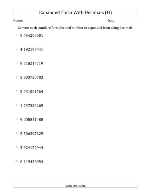 The Converting Standard Form Decimals to Expanded Form Using Decimals (1-Digit Before the Decimal; 9-Digits After the Decimal) (H) Math Worksheet