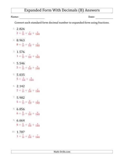 The Converting Standard Form Decimals to Expanded Form Using Fractions (1-Digit Before the Decimal; 3-Digits After the Decimal) (B) Math Worksheet Page 2