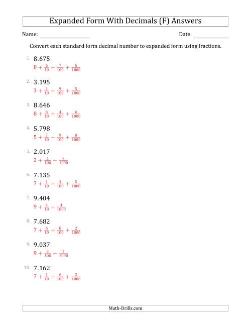 The Converting Standard Form Decimals to Expanded Form Using Fractions (1-Digit Before the Decimal; 3-Digits After the Decimal) (F) Math Worksheet Page 2