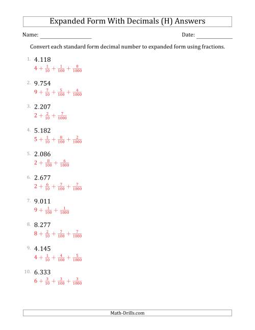 The Converting Standard Form Decimals to Expanded Form Using Fractions (1-Digit Before the Decimal; 3-Digits After the Decimal) (H) Math Worksheet Page 2