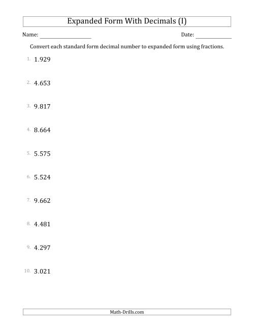 The Converting Standard Form Decimals to Expanded Form Using Fractions (1-Digit Before the Decimal; 3-Digits After the Decimal) (I) Math Worksheet