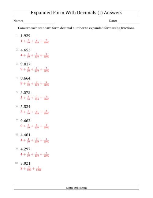The Converting Standard Form Decimals to Expanded Form Using Fractions (1-Digit Before the Decimal; 3-Digits After the Decimal) (I) Math Worksheet Page 2