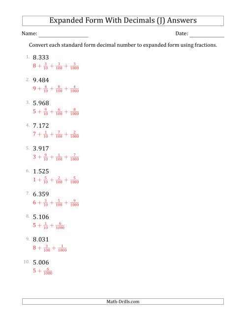 The Converting Standard Form Decimals to Expanded Form Using Fractions (1-Digit Before the Decimal; 3-Digits After the Decimal) (J) Math Worksheet Page 2