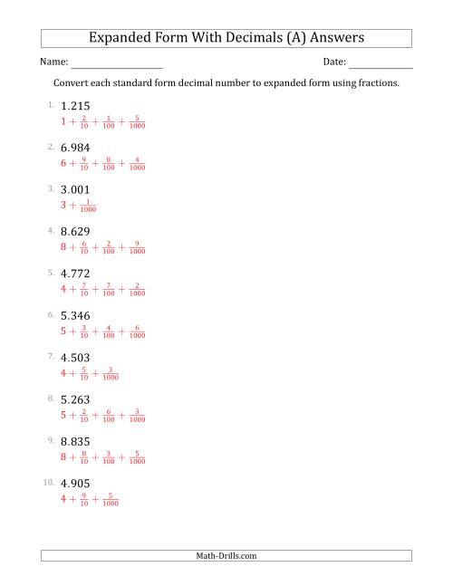 The Converting Standard Form Decimals to Expanded Form Using Fractions (1-Digit Before the Decimal; 3-Digits After the Decimal) (All) Math Worksheet Page 2