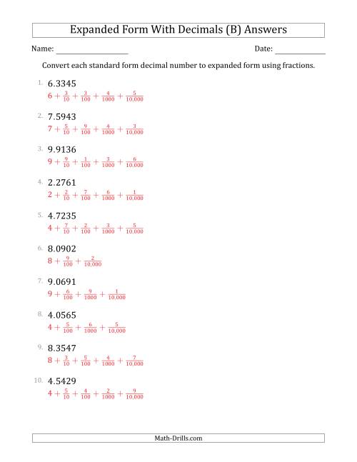 The Converting Standard Form Decimals to Expanded Form Using Fractions (1-Digit Before the Decimal; 4-Digits After the Decimal) (B) Math Worksheet Page 2