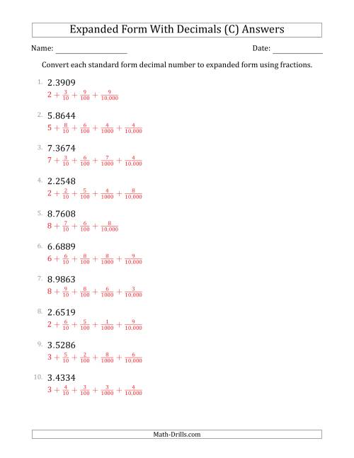 The Converting Standard Form Decimals to Expanded Form Using Fractions (1-Digit Before the Decimal; 4-Digits After the Decimal) (C) Math Worksheet Page 2