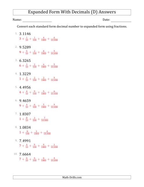 The Converting Standard Form Decimals to Expanded Form Using Fractions (1-Digit Before the Decimal; 4-Digits After the Decimal) (D) Math Worksheet Page 2