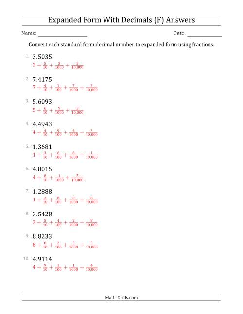 The Converting Standard Form Decimals to Expanded Form Using Fractions (1-Digit Before the Decimal; 4-Digits After the Decimal) (F) Math Worksheet Page 2