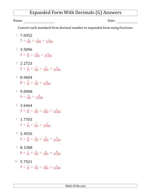 The Converting Standard Form Decimals to Expanded Form Using Fractions (1-Digit Before the Decimal; 4-Digits After the Decimal) (G) Math Worksheet Page 2