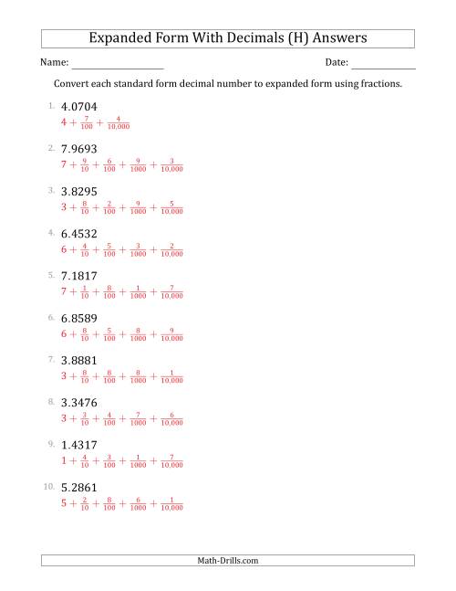 The Converting Standard Form Decimals to Expanded Form Using Fractions (1-Digit Before the Decimal; 4-Digits After the Decimal) (H) Math Worksheet Page 2