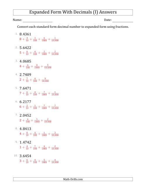 The Converting Standard Form Decimals to Expanded Form Using Fractions (1-Digit Before the Decimal; 4-Digits After the Decimal) (I) Math Worksheet Page 2