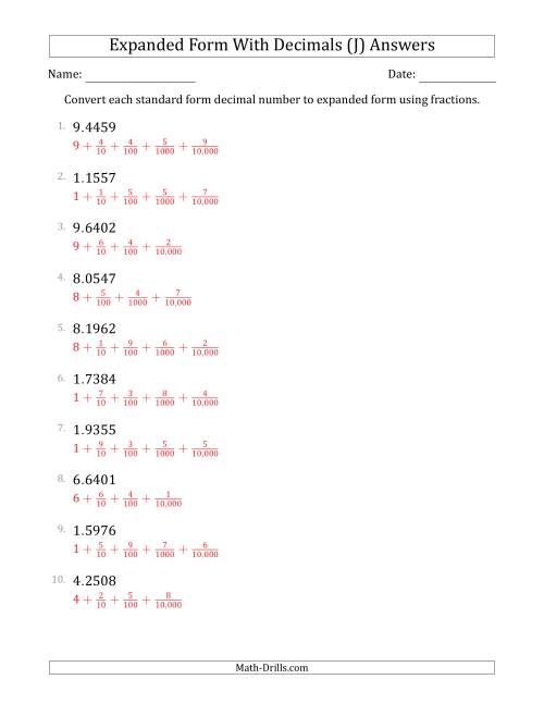 The Converting Standard Form Decimals to Expanded Form Using Fractions (1-Digit Before the Decimal; 4-Digits After the Decimal) (J) Math Worksheet Page 2