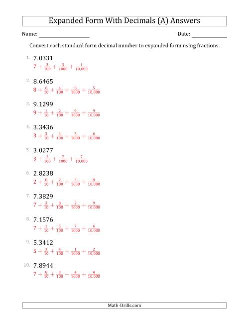 The Converting Standard Form Decimals to Expanded Form Using Fractions (1-Digit Before the Decimal; 4-Digits After the Decimal) (All) Math Worksheet Page 2