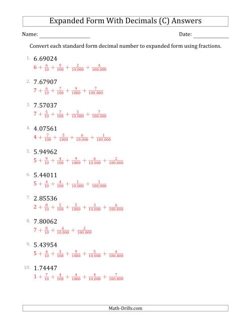 The Converting Standard Form Decimals to Expanded Form Using Fractions (1-Digit Before the Decimal; 5-Digits After the Decimal) (C) Math Worksheet Page 2