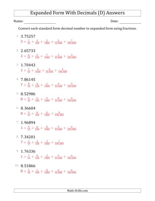 The Converting Standard Form Decimals to Expanded Form Using Fractions (1-Digit Before the Decimal; 5-Digits After the Decimal) (D) Math Worksheet Page 2