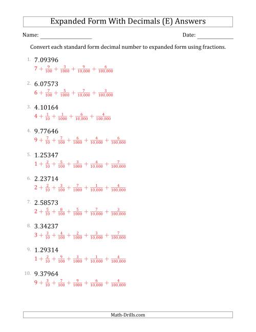The Converting Standard Form Decimals to Expanded Form Using Fractions (1-Digit Before the Decimal; 5-Digits After the Decimal) (E) Math Worksheet Page 2