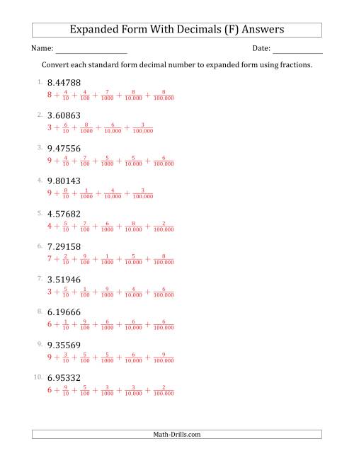 The Converting Standard Form Decimals to Expanded Form Using Fractions (1-Digit Before the Decimal; 5-Digits After the Decimal) (F) Math Worksheet Page 2